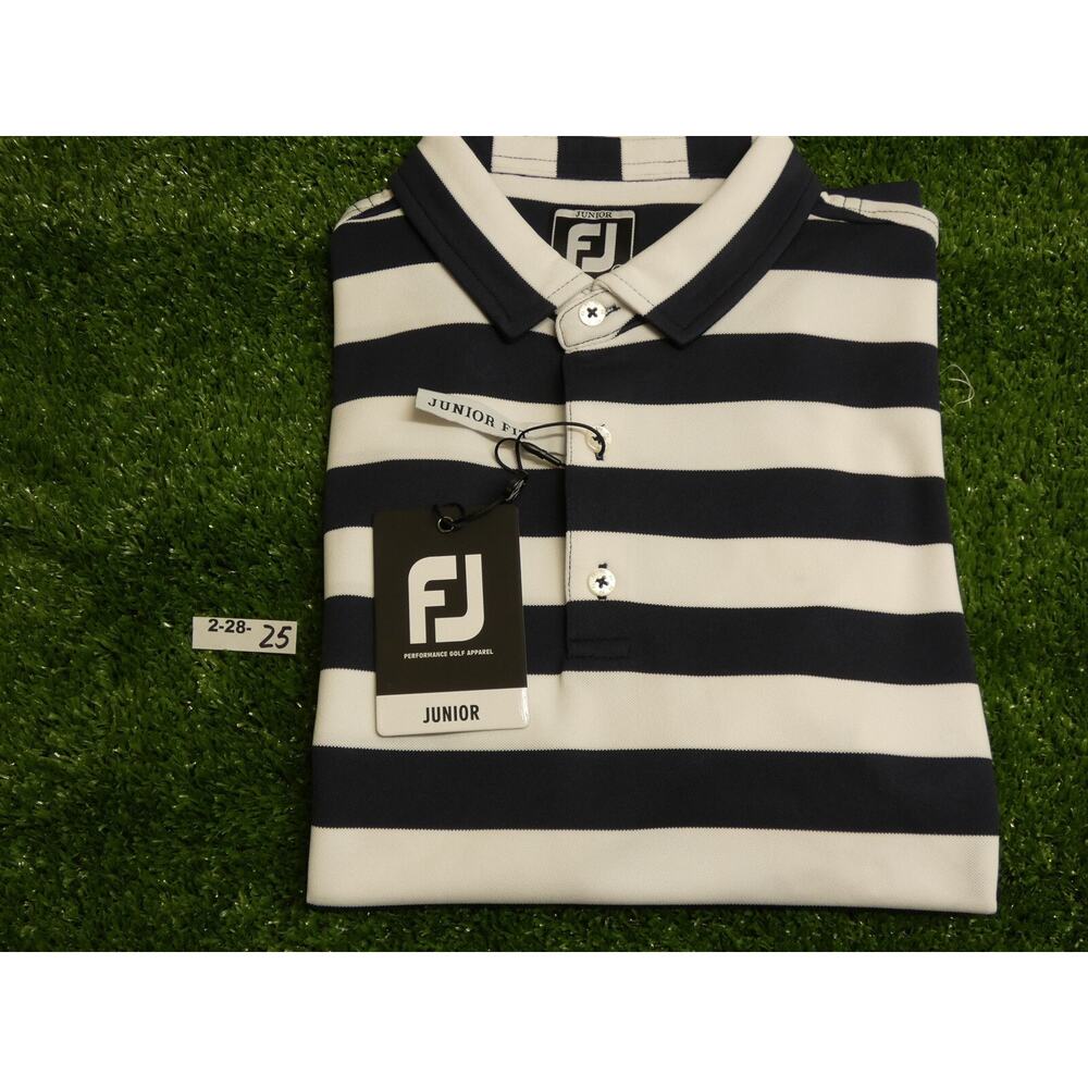 FootJoy Junior Boys Rugby Striped Collar Golf Shirt White/Blue Medium 28166